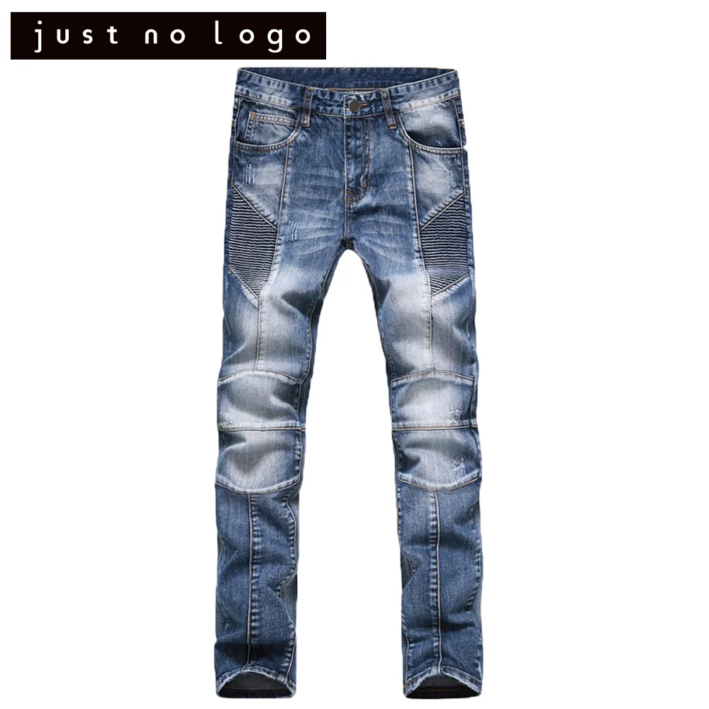 Мужские синие джинсы ребра Дизайн Biker Denim проблемных Рваные молнии брюк Slim Fit