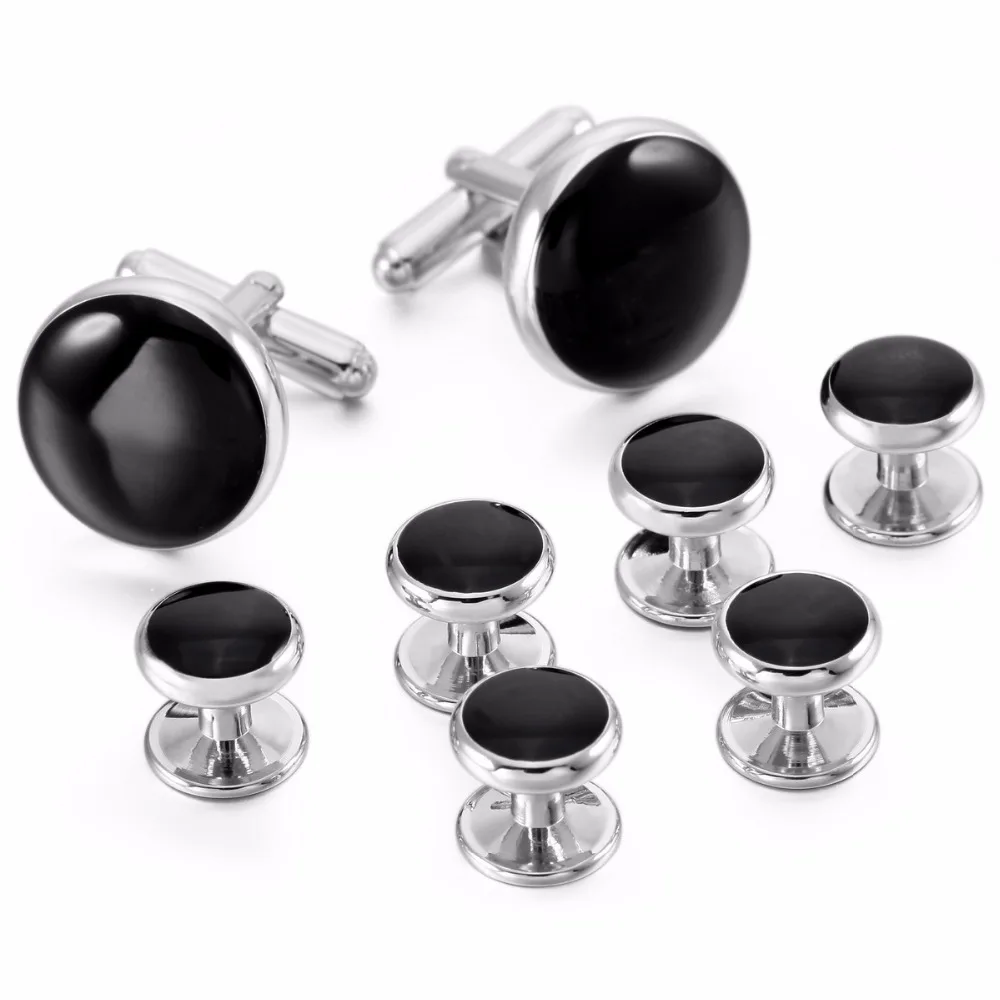 

Men Showing Shirt Men Business Rhodium-Plated Enamel Cufflinks Black Gold-Tone Stud Set Tuxedo