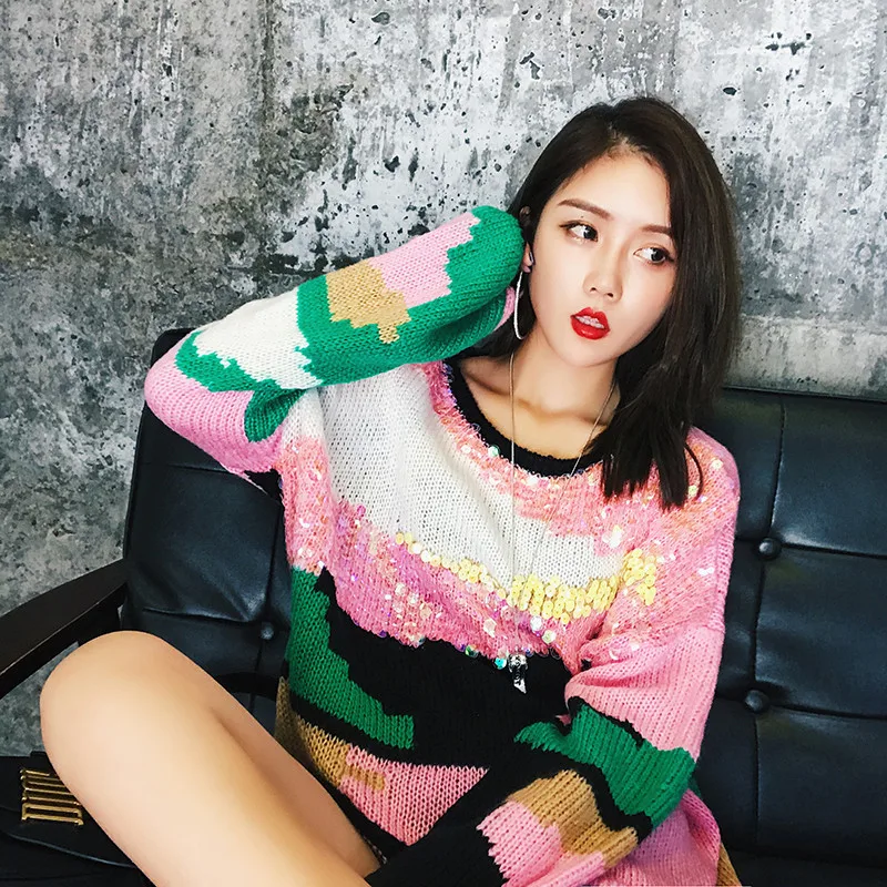 Фото 2018 Winter Fashion Sweet Pink Sweater Pullovers Women Long Sleeve Patchowork Sequins Femme Pull Jumper Harajuku Korean Clothing Женская 2018 Winter Fashion Sweet Pink Sweater Pullovers Women Long Sleeve Patchowork Sequins Femme Pull Jumper Harajuku Korean Clothing Женская