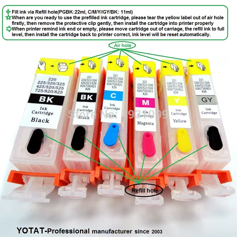 Многоразовый картридж YOTAT для принтеров Canon PIXMA MG6150 MG8150 6 шт. чернильный PGI525 CLI525 |