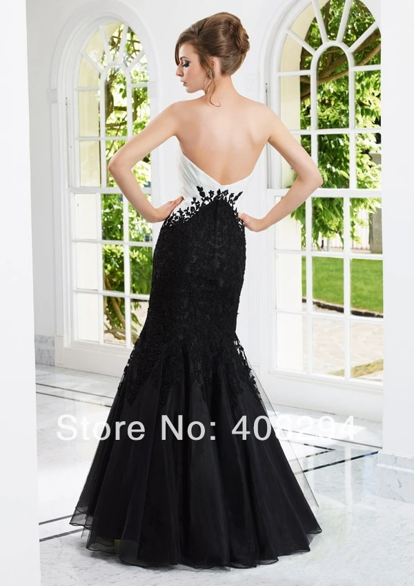 FS-1403211310 Sexy mermaid appliqued sweetheart floor length white and black evening dress 2014 | Свадьбы и торжества