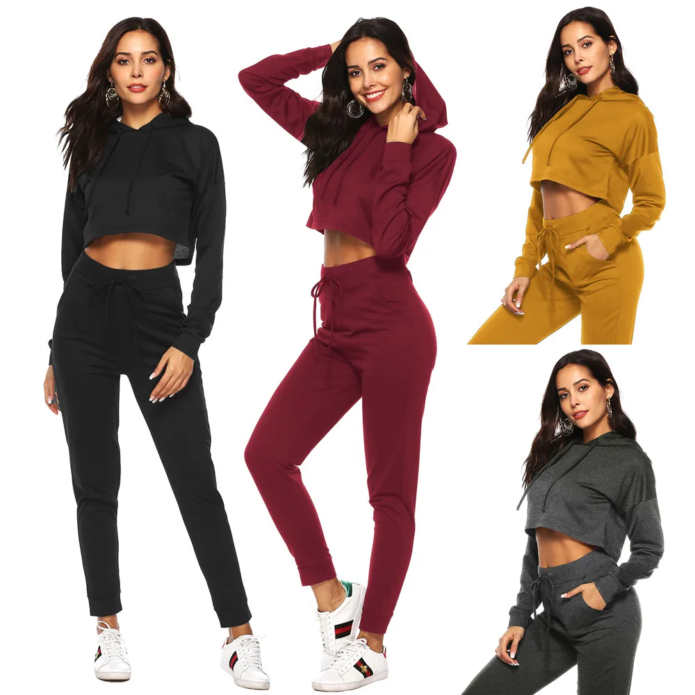 2018 Fashion Hot Winter Autumn Women Set Long Pants Short Sweatshirt Pullover Drawstring Hat Girl Streetwear | Женская одежда