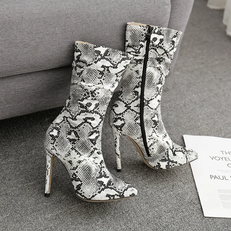 NIUFUNI 2021 Womens Winter Boots Sexy Snakeskin Pointed Thin High Heels Women Boots Lady Nightclub Shoes Zipper Botas Mujer