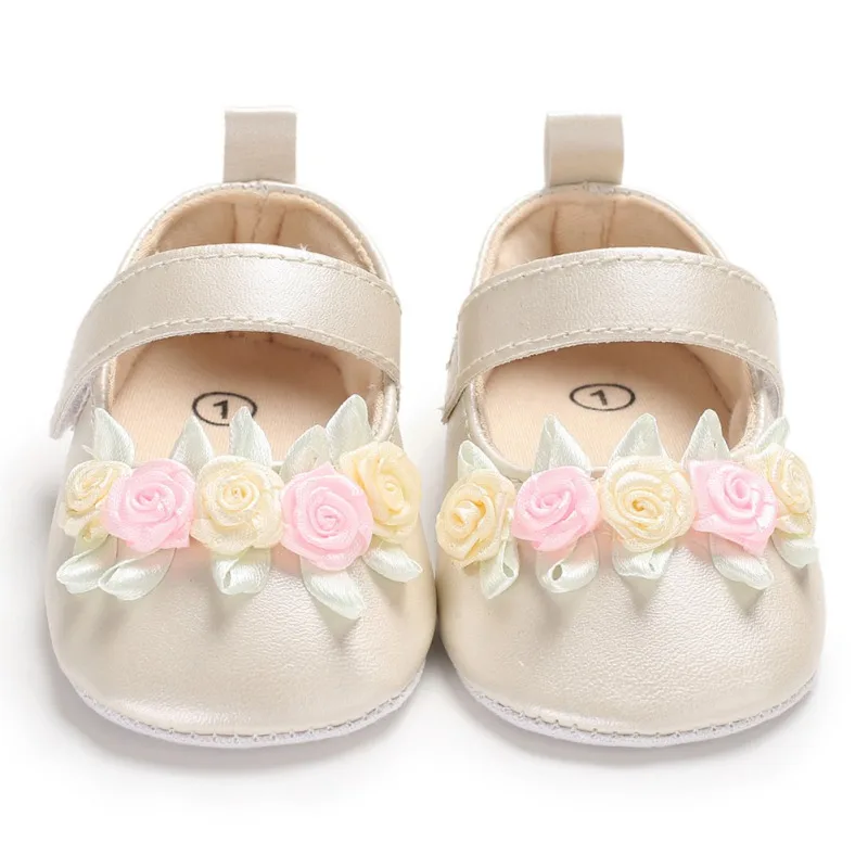 Новорожденный ребенок простой маленький свежий цветок девочка малыш Принцесса ПУ обувь Шампанское Белый Первые ходунки
