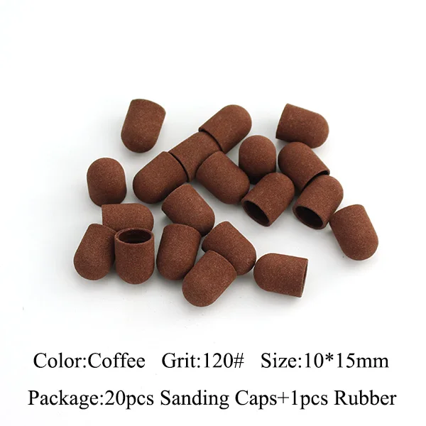 Coffee-120 grit 20шт 10*15 мм электрическое сверло для ногтей пластиковая основа шлифовальные колпачки резиновый захват фрезы для маникюра педикюра Дрель аксессуары - Цвет: Coffee-120 grit