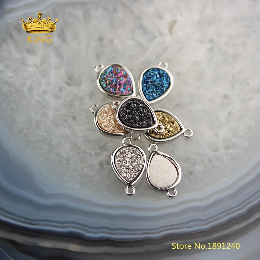 10pcs Flat Teardrop Druzy Small Connectors Bulk Random Titanium Drusy Agates Plated Silvery Copper Charm Link Bracelet DSS153 | Украшения и