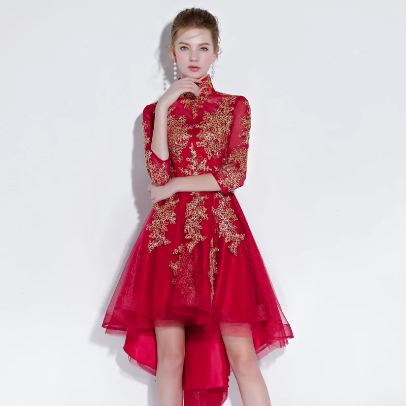 Robe De Soiree 2018 новый красный банкет Половина рукава спереди короткий сзади длинный