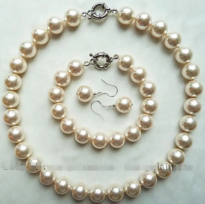 

Selling Jewelry>>>12mm White South Sea Shell Pearl Necklace bracelet Earrings Jewelry Set AAA