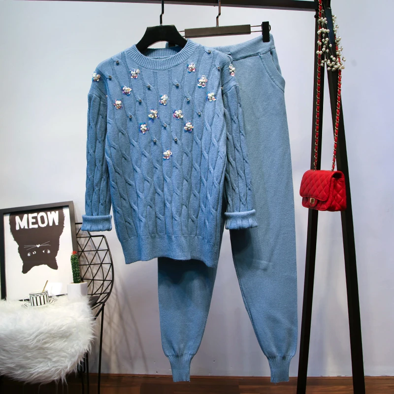 ALPHALMODA осень зима женские 3D цветочные трикотажные брюки костюмы тяжелая работа с