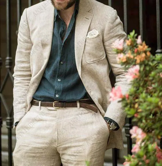 

ANNIEBRITNEY Linen Beige Beach Wedding Suits for Men Slim Fit Man Blazer Custom Groom Tuxedo Jacket Vest Pants Set Mens Suits