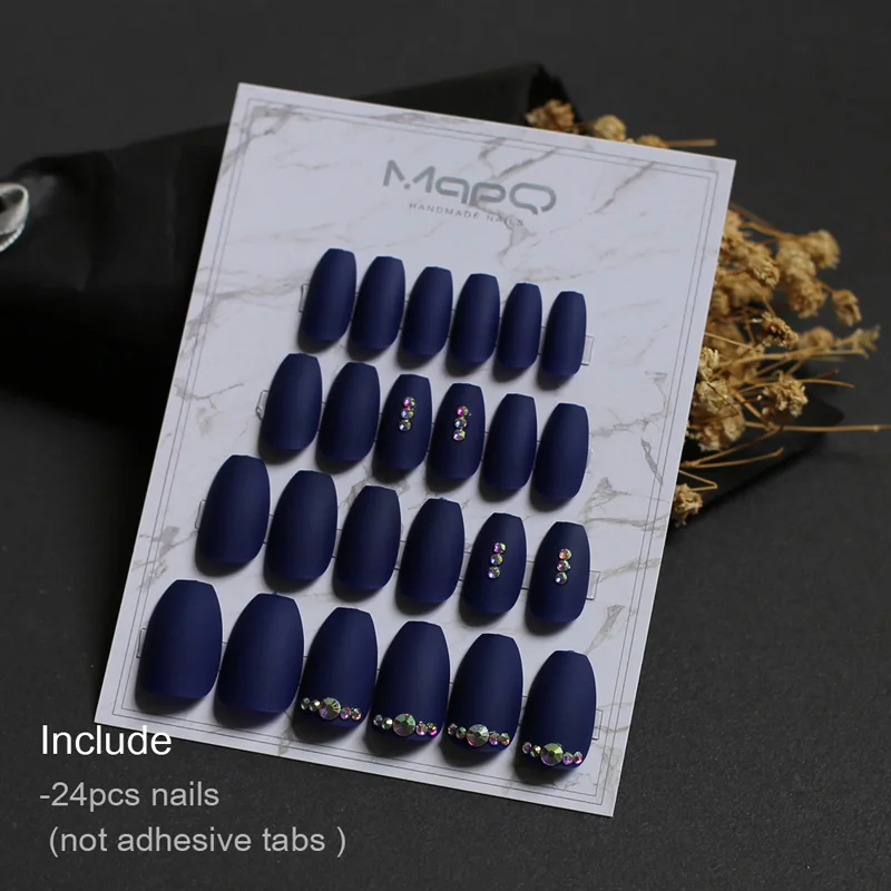 24pcs nails Поддельные ногти гроб ювелирные изделия темно-синий полный набор блестящие AB алмаз накладные ногти балерина MqpQ ручной работы DIY матч ювелирные ногти - Цвет: 24pcs nails