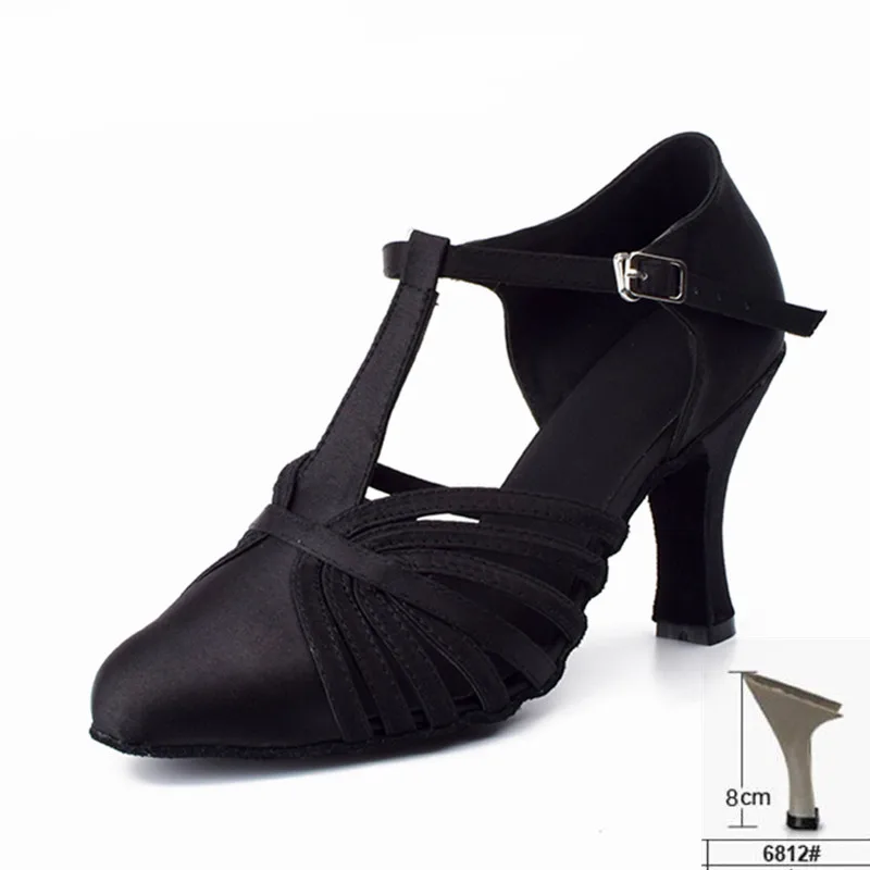 black 8cm heel Черные атласные туфли для латинских танцев; женская обувь для сальсы; обувь для танцев на высоком каблуке 5 см, 6 см, 8 см; мягкая обувь для танцев на квадратном каблуке - Цвет: black 8cm heel