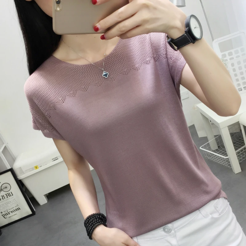 Блузка женская трикотажная с отверстиями рубашка коротким рукавом топ B485 лето