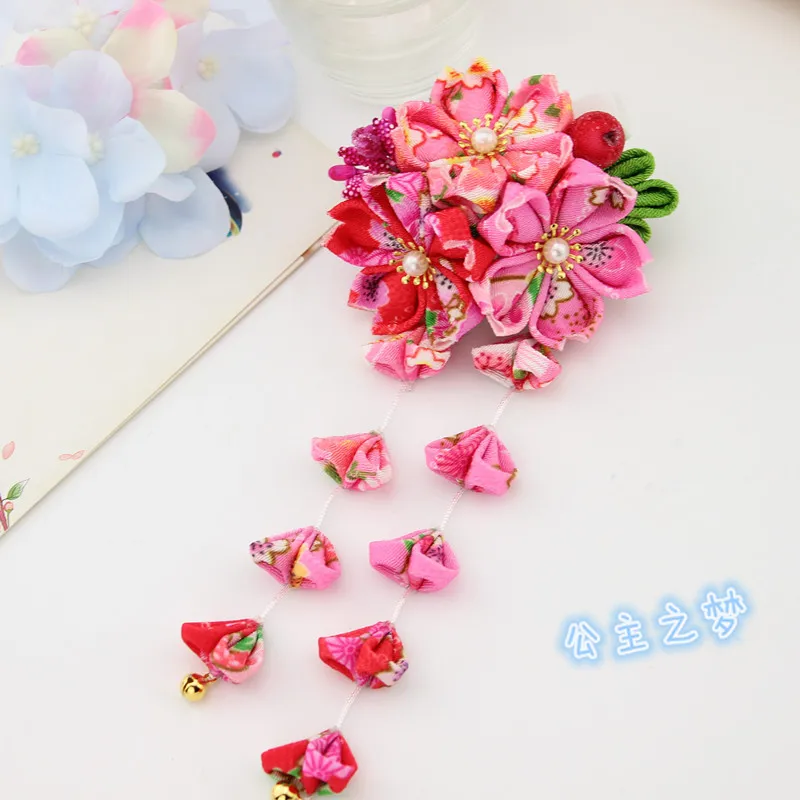 Красный Ручная работа Sakura Kanzashi заколки-крабы для волос орнамент Кристалл японский стиль аксессуары для кимоно Выпускной Свадебная церемония HW023 - Цвет: Красный