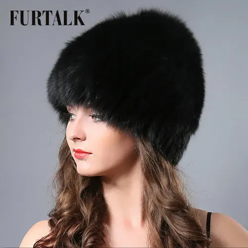 black FURTALK На зимнем меху для русской Для женщин лисий мех вязаная шапка ручной работы из натурального меха, Шапка-бини Шапки женский зима белого и серебристого цвета с мехом Кепки - Цвет: black