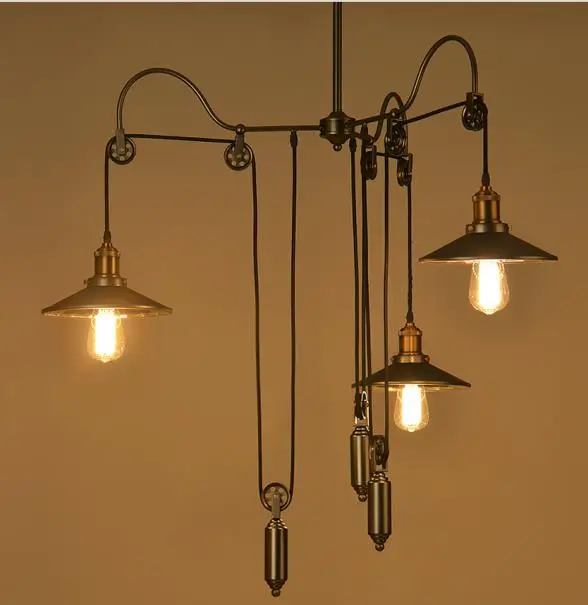 

Loft American industry triple attached mirror lampshade pulley lift pendant lamp Restaurant Bar