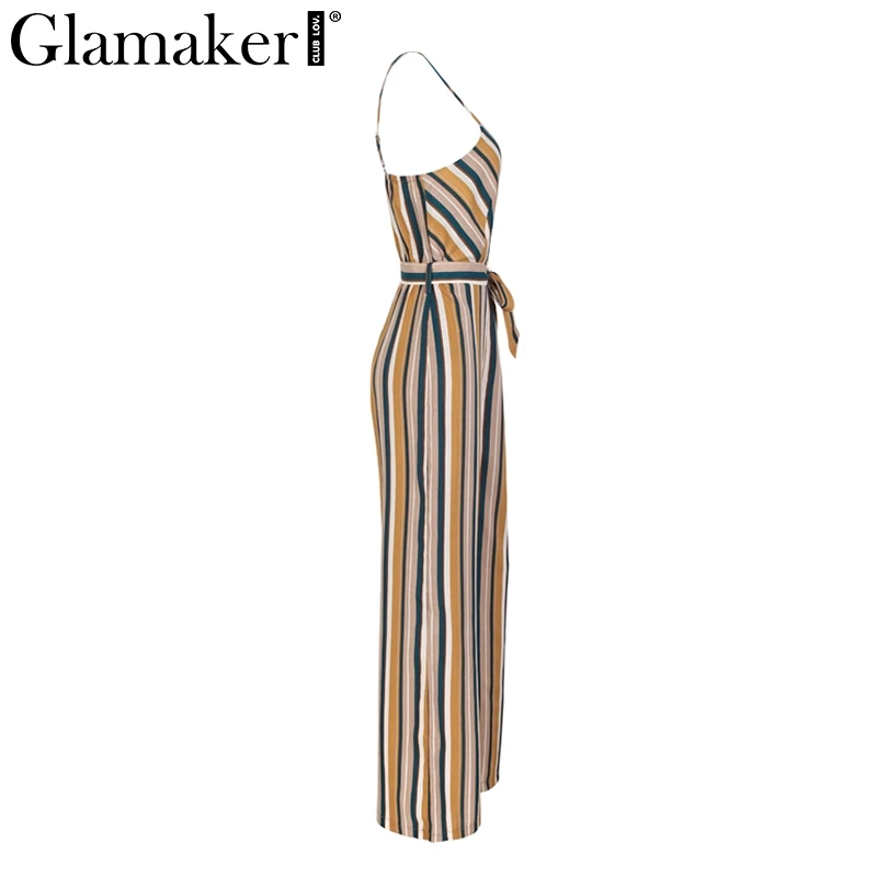 Glamaker Сексуальная multi полосатый сексуальный комбинезон женские свободные wrap высокая Талия Длинные летние комбинезоны, комплекты для игр женский ремень Комбинезоны