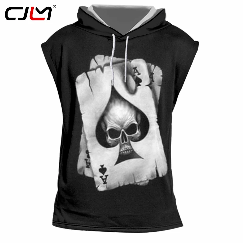 

CJLM Men's Sleeveless Hoodie Hooded T-shirt Print Skull Poker 3D Hoody Vests Hombre Slim Fit Bodybuilding Crewneck Tshirt 6XL