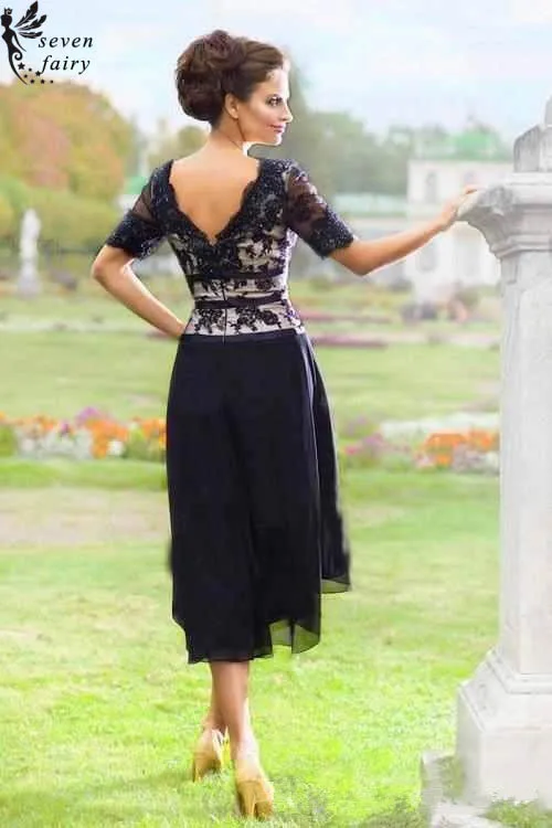2017 Navy Blue Sexy A-Line Mother Of the Bride Dress Lace Appliques Tulle Half Sleeve Tea-Length V Neck Formal Celebrity | Свадьбы и