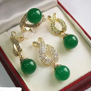 

Beautiful Jewelry AAA+ 12mm Green jade Pendant Necklace Earrings Ring set