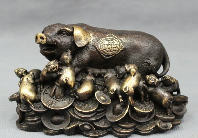 Народные Китайский Чистая Бронзовый Свинка Год Зодиака Свинья Porket На YuanBao Монета