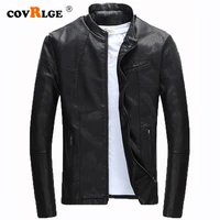 covrlge mens faux leather jackets 2019 spring autumn casual stand collar pu leather zipper jacket solid color men coat