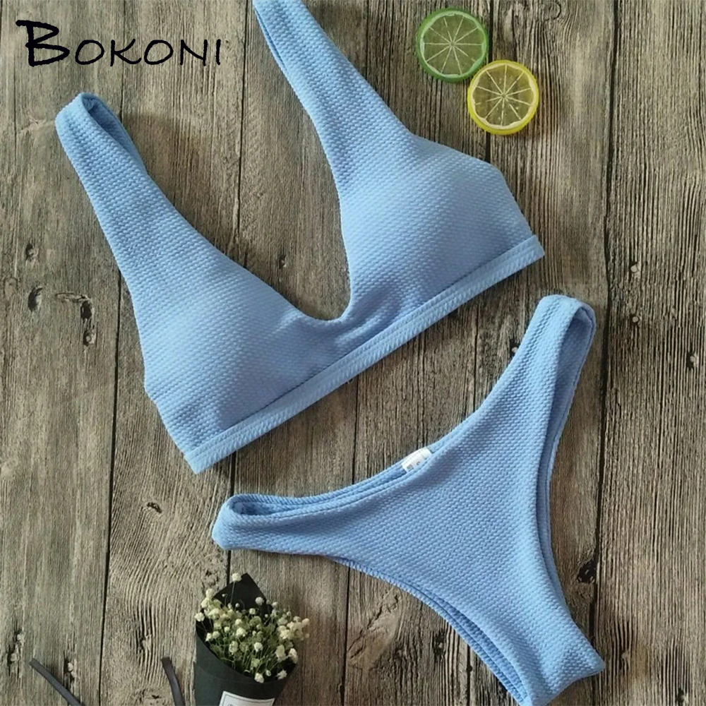 2017 Sexy Triangle Bikini Set Women Solid Swimwear Blue Micro Top Bathing Suit Crochet biquini brazilian Swimsuit |