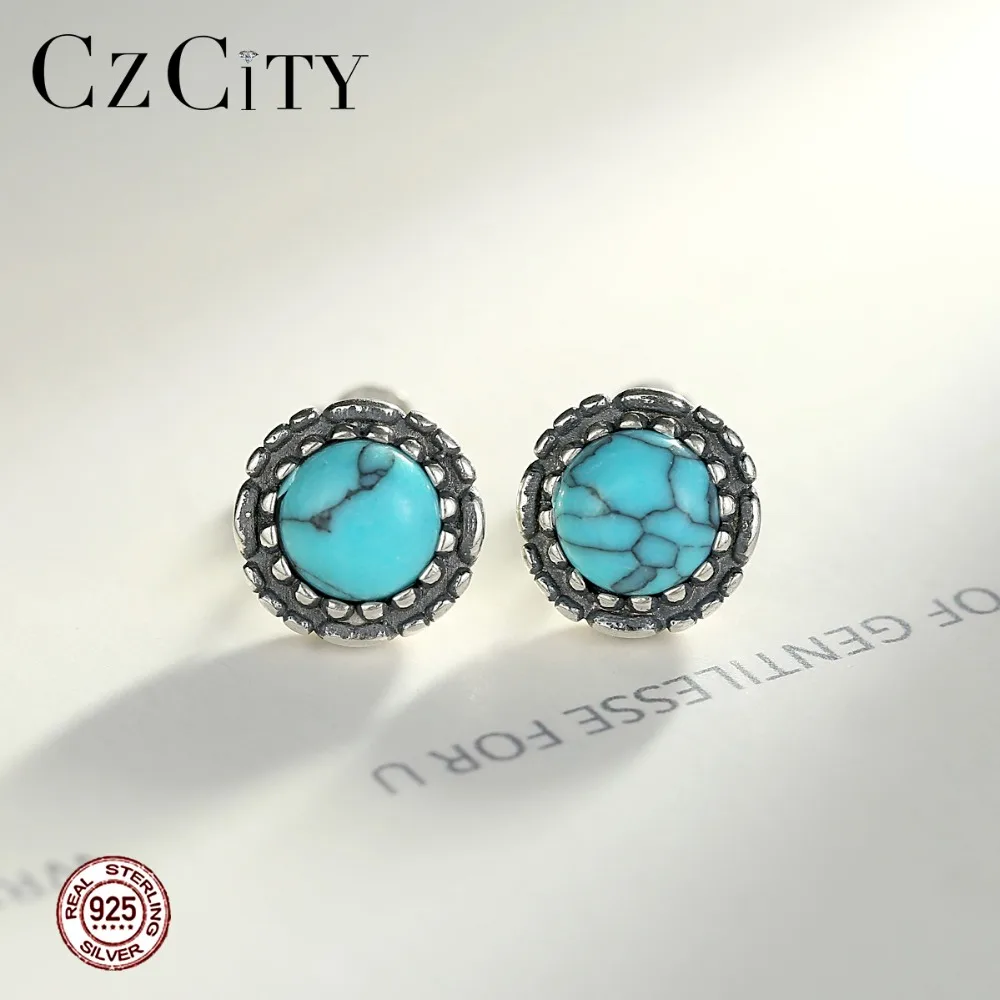 CZCITY натуральная 925 стерлингового серебра Круглый бирюзовые серьги гвоздики для