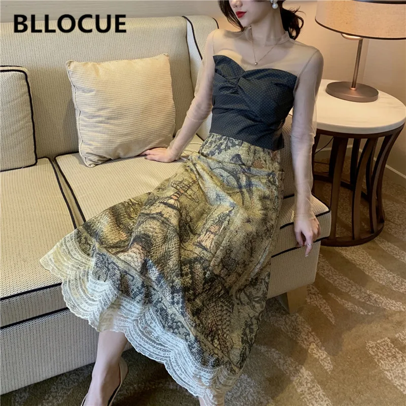 BLLOCUE 2019 New Two-Piece Set Female Polka Dot Mesh Splicing Short Top High Waist Classic Print Lace Panel Skirt | Женская одежда