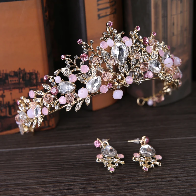 Fashion Gold Color Flower Pink Crystal tiara Princess Crown For Wedding Bride Hair Accessories Jewelry 2 Pcs Earrings HG177 | Украшения и