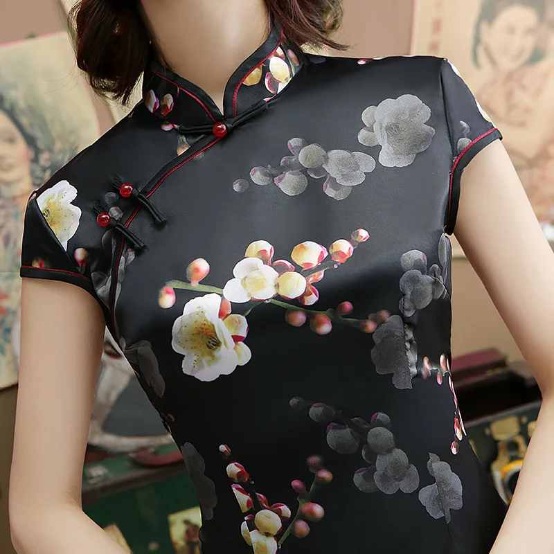 Черный сексуальный искусственный шелк Ципао винтажный цветок Cheongsam новинка