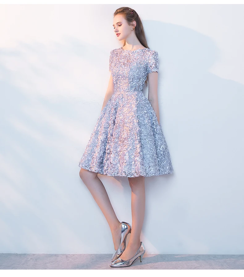 Женское вечернее платье сорие новое серое короткое Кружевное с круглым вырезом и