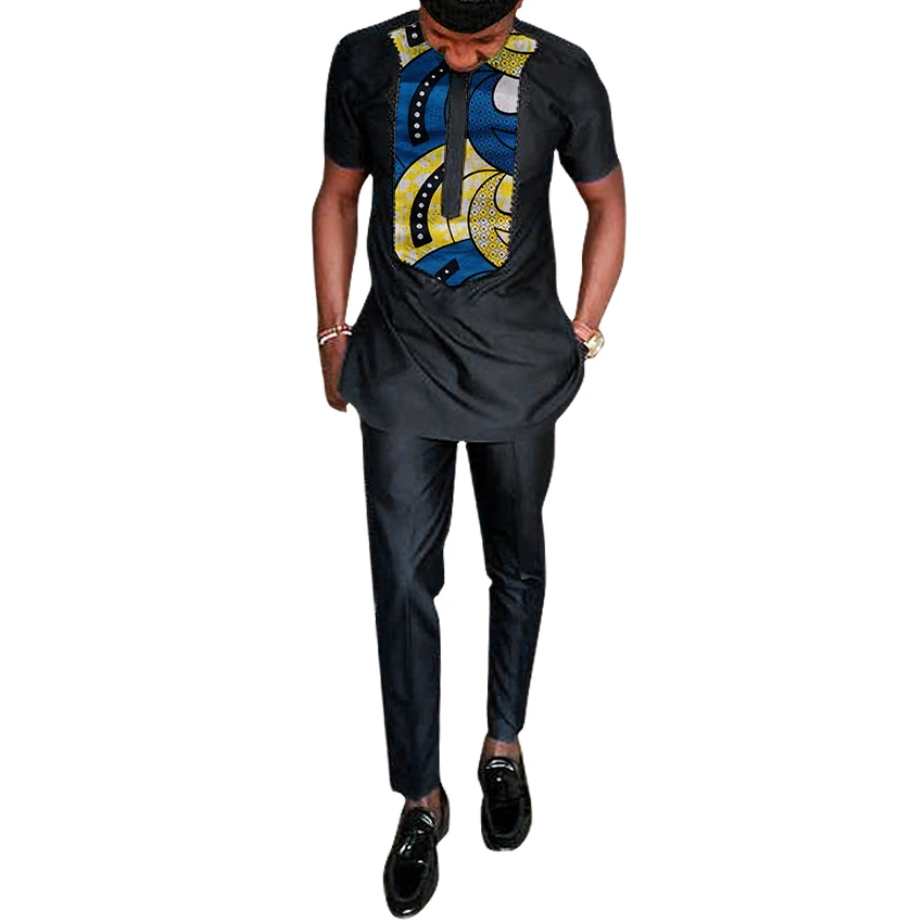 Black African clothing men's print set shirt with trouser patchwork Ankara pant sets customized wedding wear male formal outfits | Мужская