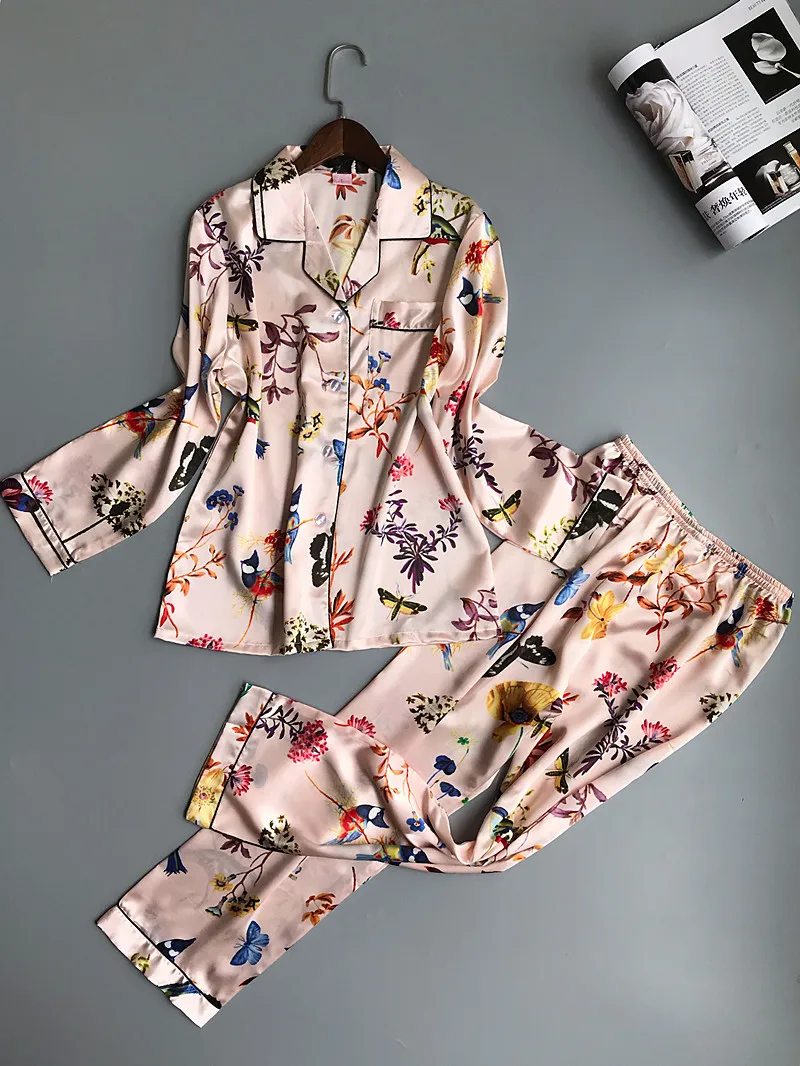 Для женщин атласные пижамы модные Pijama шелковые домашний костюм Цветочный принт
