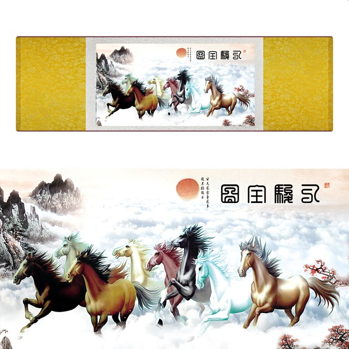 

top quality Chinese Horse silk painting Horse art painting Silk scroll art painting eight horse painting19062812