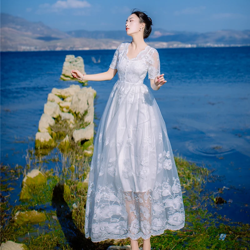 Вечерние одежда летнее платье 2018 Короткие рукава кружевные нарядные платья