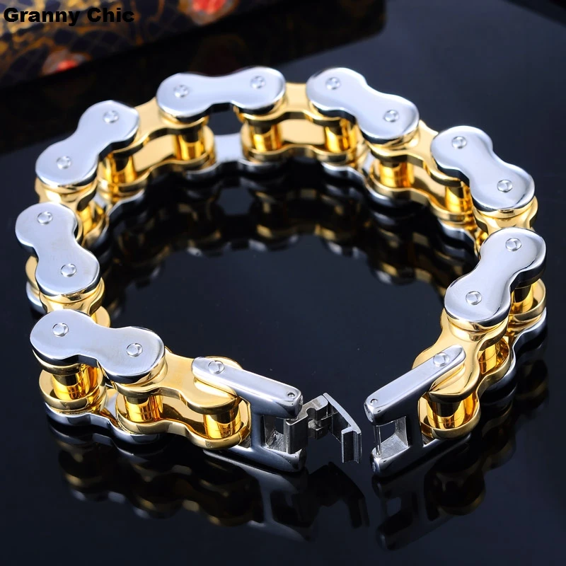 

Granny Chic 1pcs 18mm/22mm Mens Punky Style Fashion Silver Gold Stainless Steel Motorcycle Biker Handmade Bracelet 9"