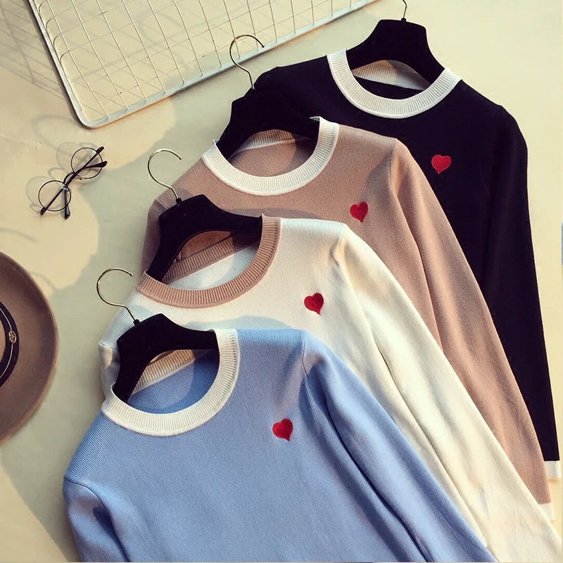 2018 Spring Autumn Knitted Women Sweater Fashion Casual Pullover Jumper O-Neck Outwear Embroidery Heart Shape Female | Женская одежда