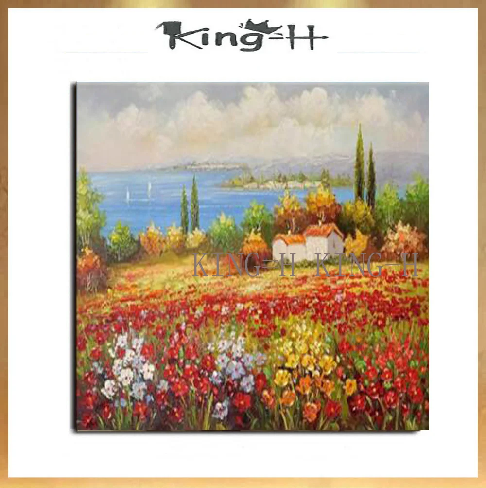 

Landscape pastoral scene hand-painted oil painting painting knife little red flower village scenery decorators and hotel lobby