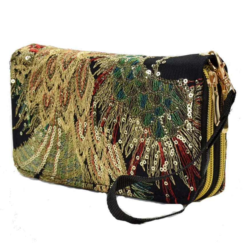 Новая женская сумка клатч Национальный двусторонний Павлин Вышивка кошелек