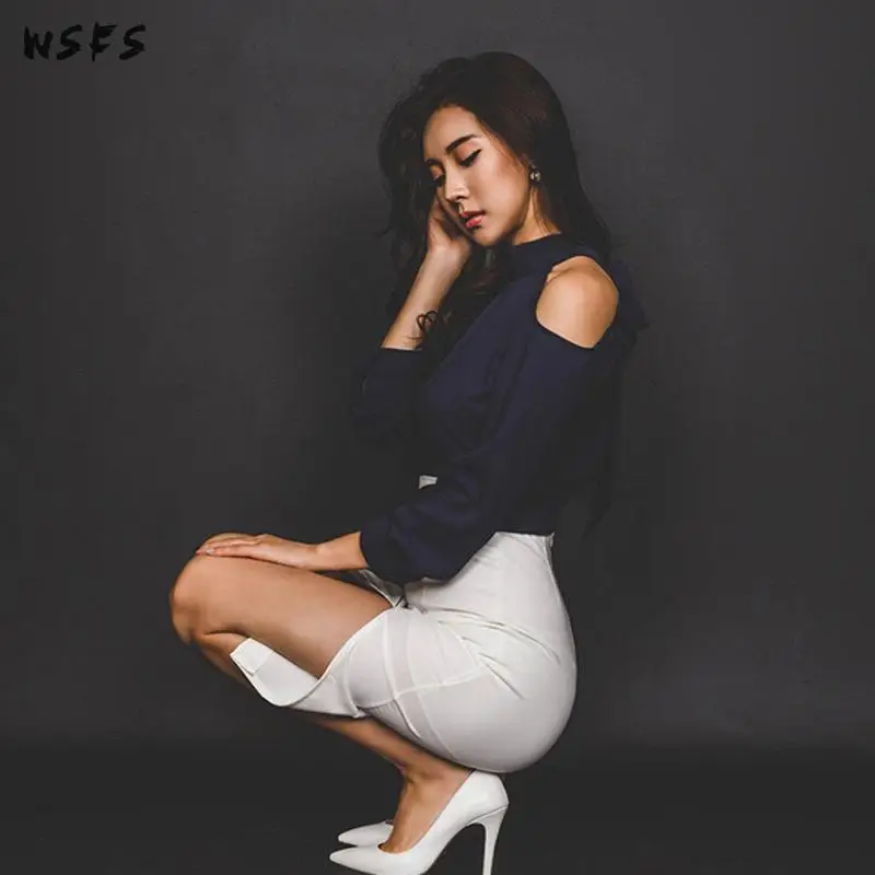 

2 Piece Set Autumn Blue Oneck Full Sleeve Lace Up Bow Top Lady Bodycon Bandage White Pencil Midi Skirt Vintage Sexy Party Dress