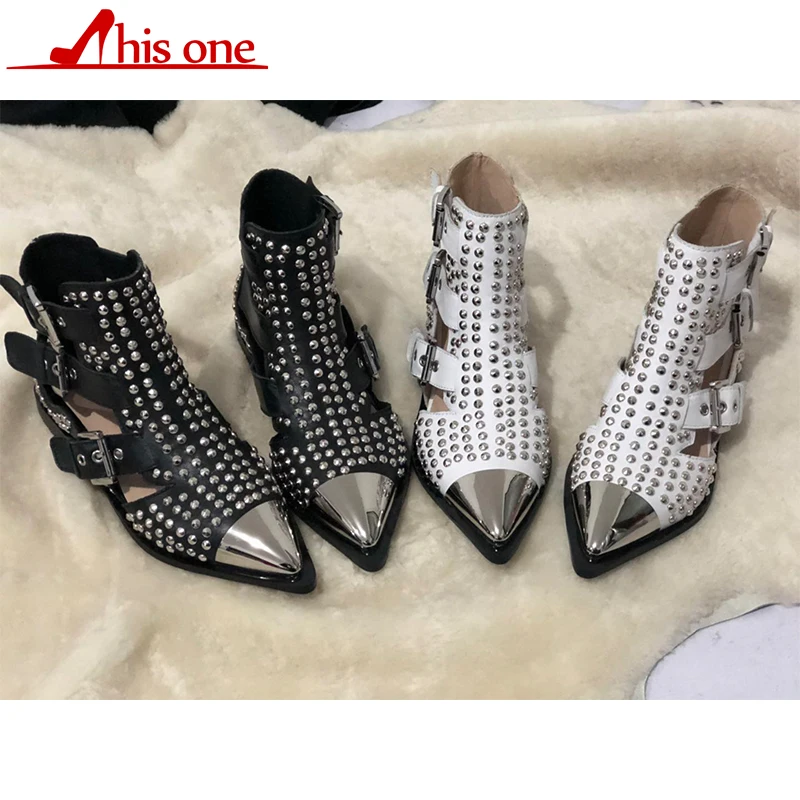 

Runway Rivets Genuine Leather Cut Outs Ankle Boots Women Metal Pointed Toe Square Med Heels Shoes Woman Belt Buckle Short Boots
