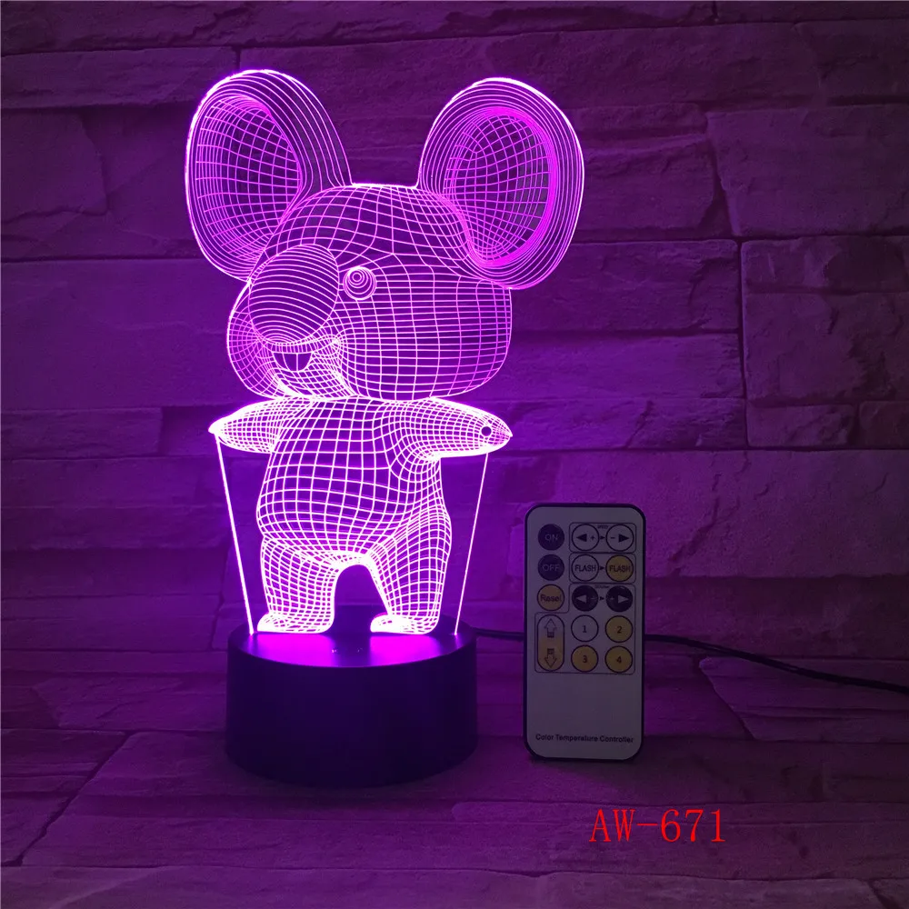 Koala Акрил светодиодный 3d-ночник стереовидение лампа 7 цветов Изменение USB спальня прикроватная ночник Детские творческие подарки AW-671