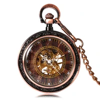 new steampunk archaize antique copper skeleton carving mechanical hand wind pocket watch for men women gift with 30 cm chain