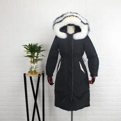black coat- fur Большой воротник из натурального Лисьего меха, зимнее пальто для женщин с капюшоном, Женская длинная пуховая парка, теплая Тонкая зимняя верхняя одежда, куртки-пуховики на белом утином пуху, пальто - Цвет: black coat- fur