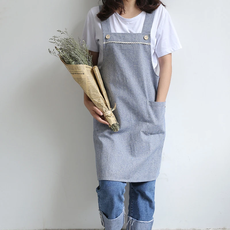 

Simple strap style aprons Cotton kitchen ladies apron Literary small fresh long apron Cooking Coffee Shop apron for women