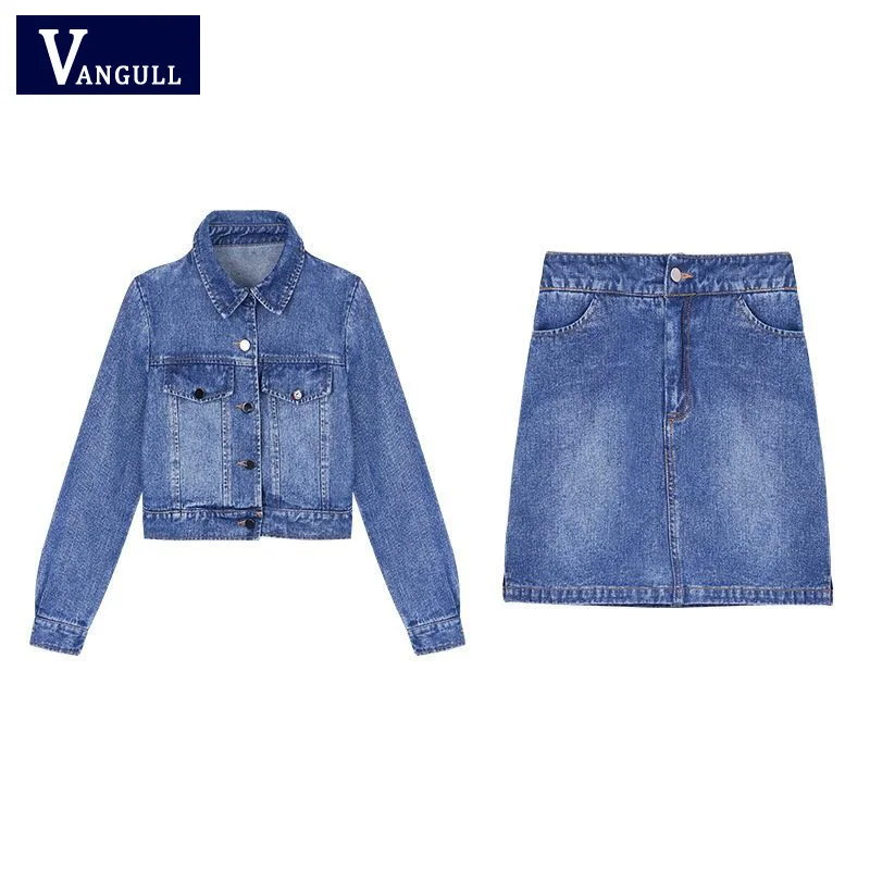 

VANGULL 2019 Spring Autumn new Women's Sets Long sleeve V-neck Short Denim Jackets and Denim Mini Skirt Suits 2 pieces outfits