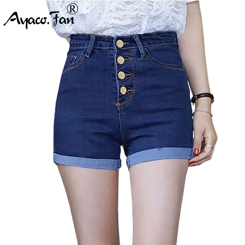 

2019 Women 4 Buttons Elastic High Waist Shorts Fashion Feminino Denim Shorts for Women Loose Cuffs Straight Blue Short Jeans