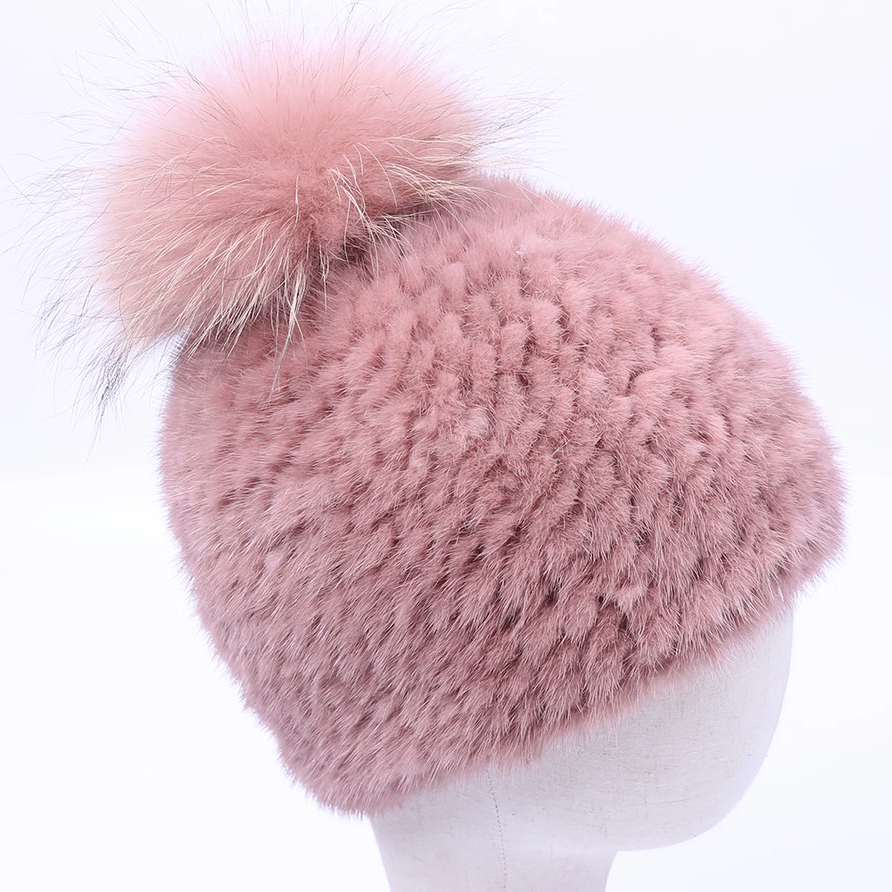 2020 New Real Mink fur hat women winter knitted fur beanies cap raccoon fur pom poms brand new thick female cap Elastic warm
