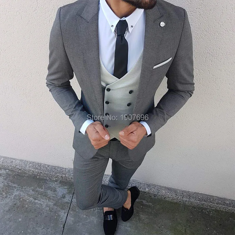 Мужские свадебные костюмы groommen 3 шт. серый пиджак брюки двубортный жилет